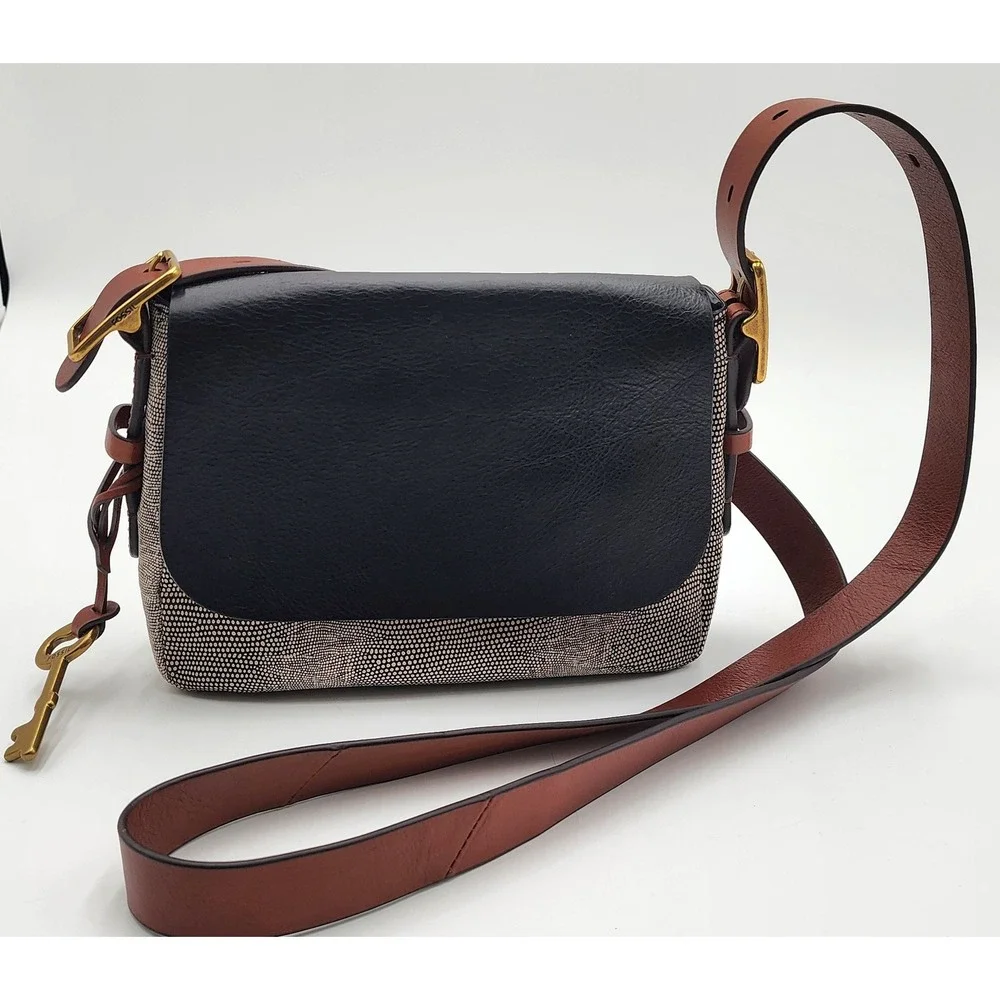 Fossil Crossbody Bag Womens Small Black Brown Key Charm Snakeskin EXC - Picture 1 of 16